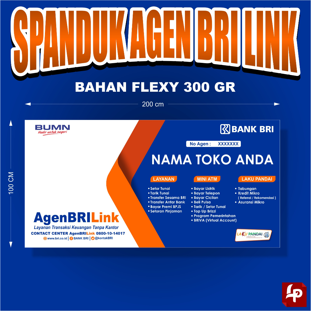 SPANDUK BRILINK BAHAN FLEXY 300 GR - 200 CM X 100CM / SPANDUK AGEN BRILINK / BANNER AGEN BRI LINK / 