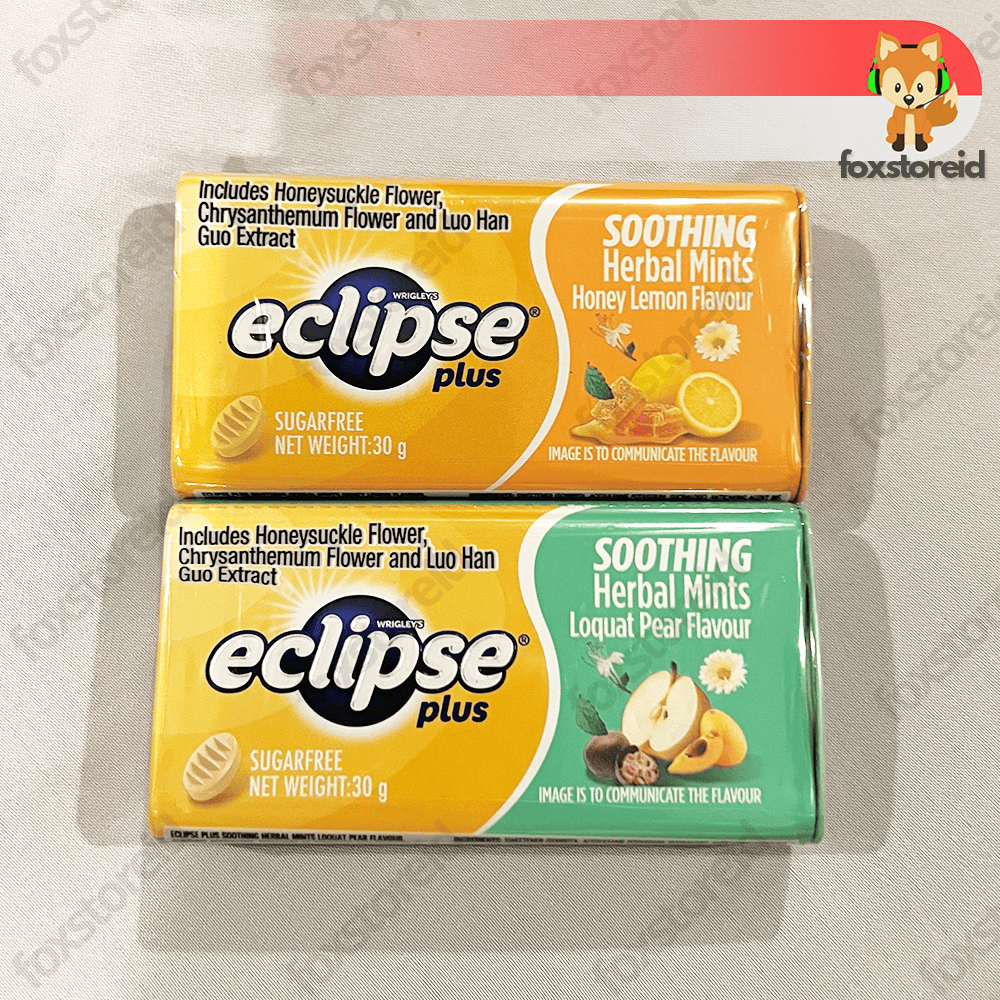 

ECLIPSE Plus Mints Soothing Herbal Sugar Free Flavour 30g Honey Lemon / Loquat Pear Permen Impor