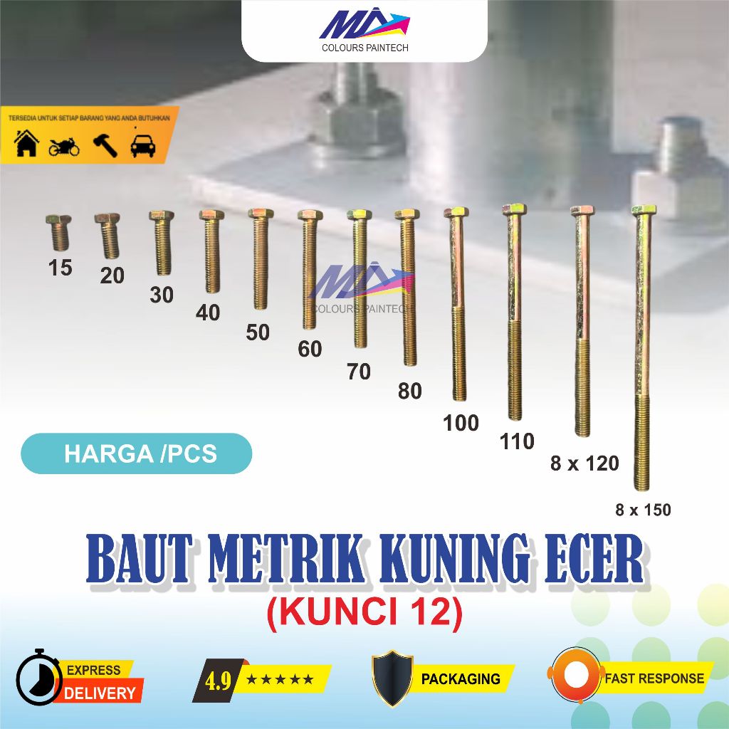 Baut Kuning M8 panjang 15 sd 150mm kunci 12