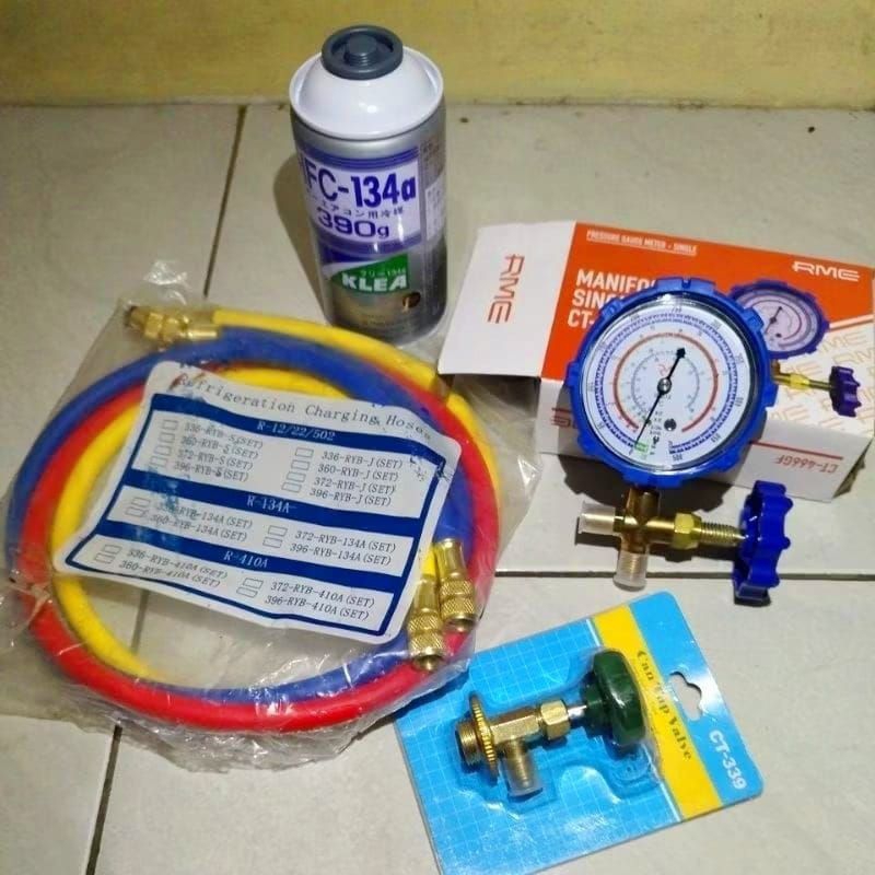 PAKET ISI PREON KULKAS R134  HFC KLEA GOLD # PERALATAN KOMPLIT TAMBAH / PENGISIAN  REFRIGERANT AC MO