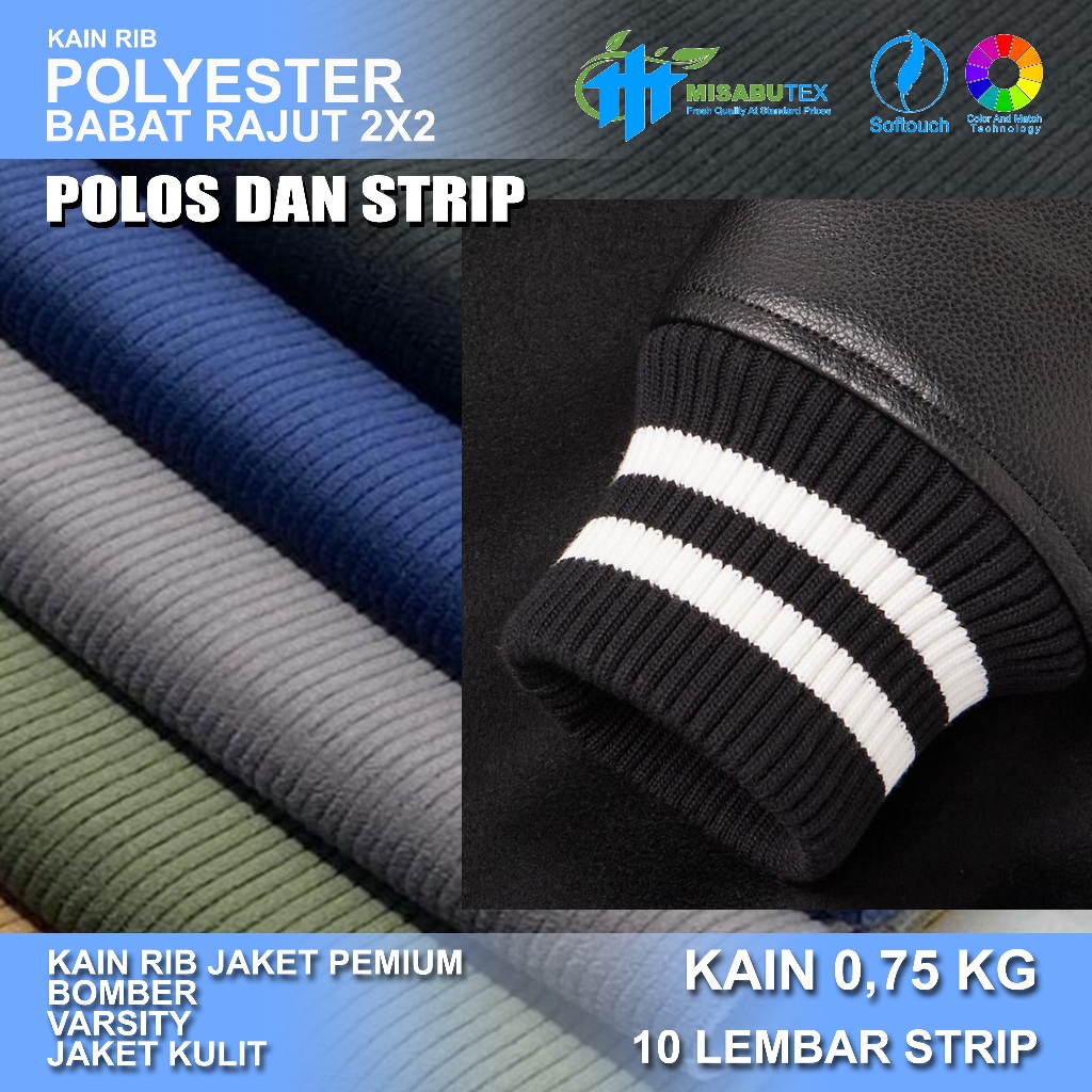 Kain Rib/bur babat 2x2 polos salur premium polyester pe jaket termurah