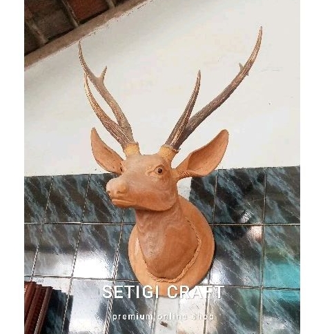 Hiasan Dinding Premium Patung Kepala Rusa Tanduk Asli Kayu Jati Solid