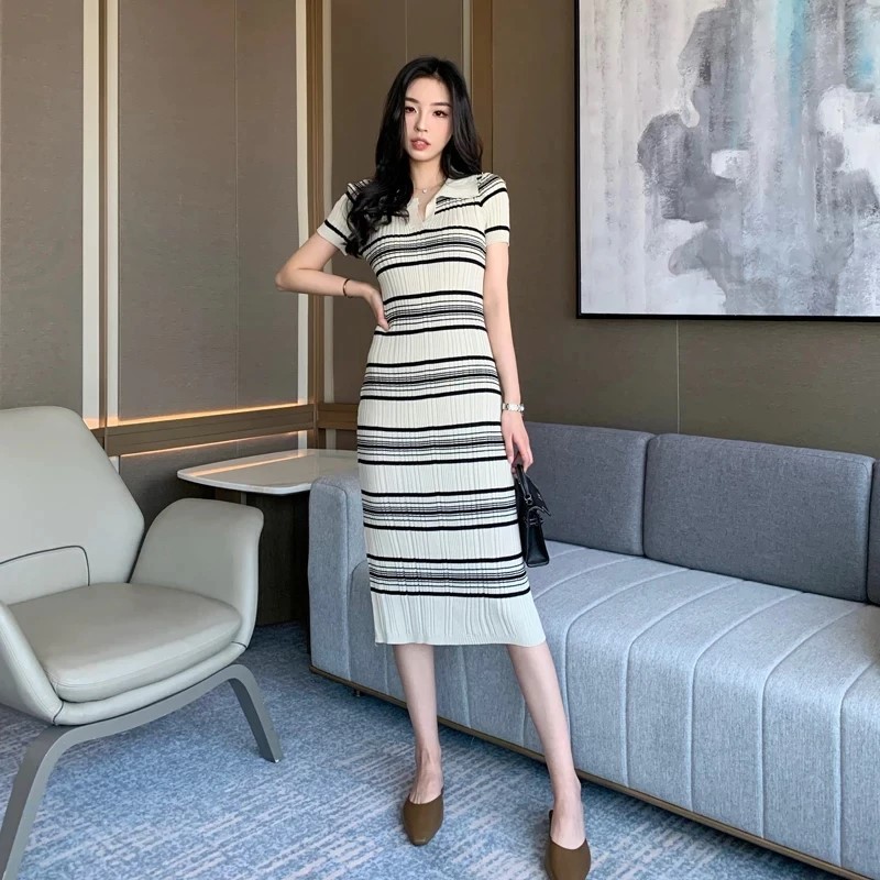 DRESS RAJUT LISAI STRIP KERAH POLO SALUR KNITWEAR PREMIUM QUALITY