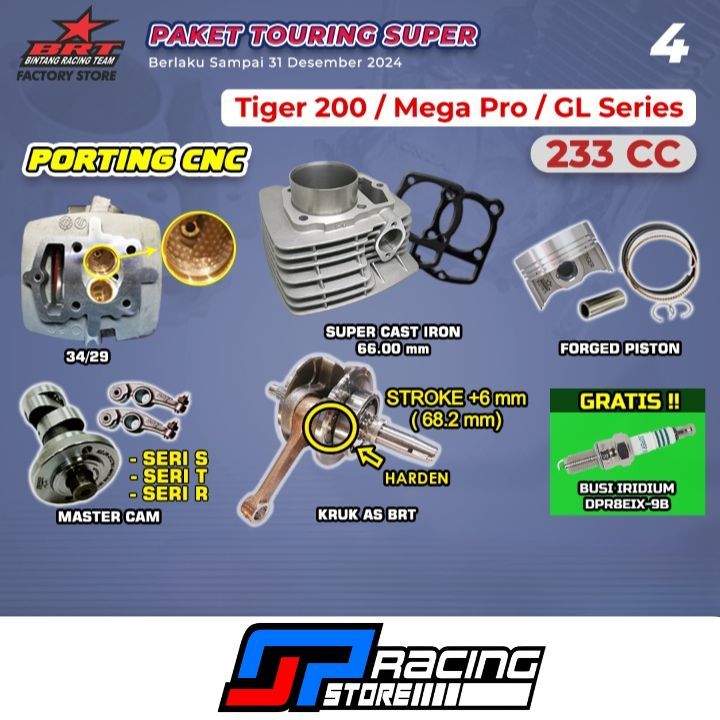 Paket Bore Up Tiger 200/Mega Pro Primus/GL-Head Porting-Blok Piston-Cam-Kruk As-BRT Paket Touring 4