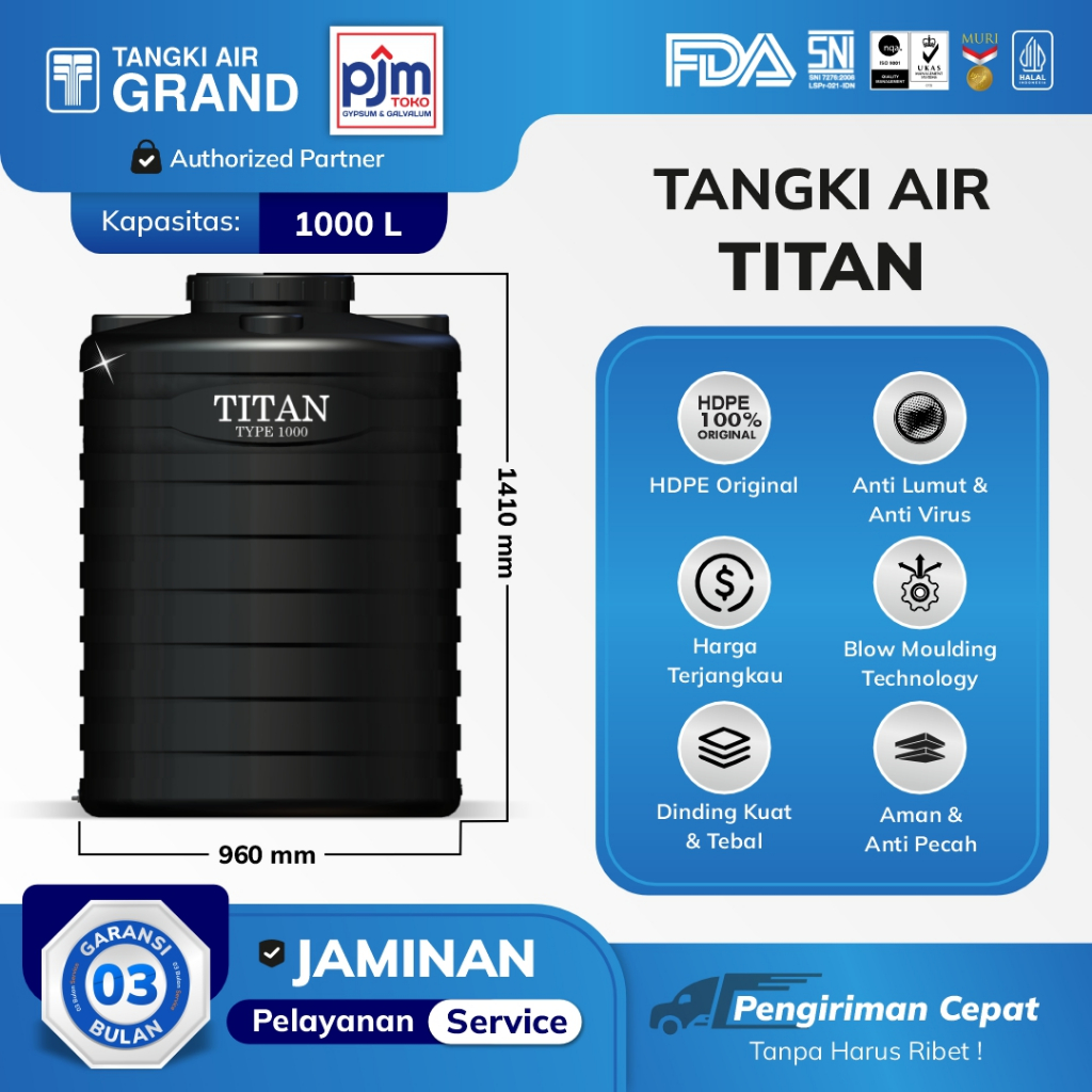 Tangki Toren Tandon air Titan Blow 1000 L Tidak Berbau & Higienitas - Orange, 1000 Liter || Toko PJM