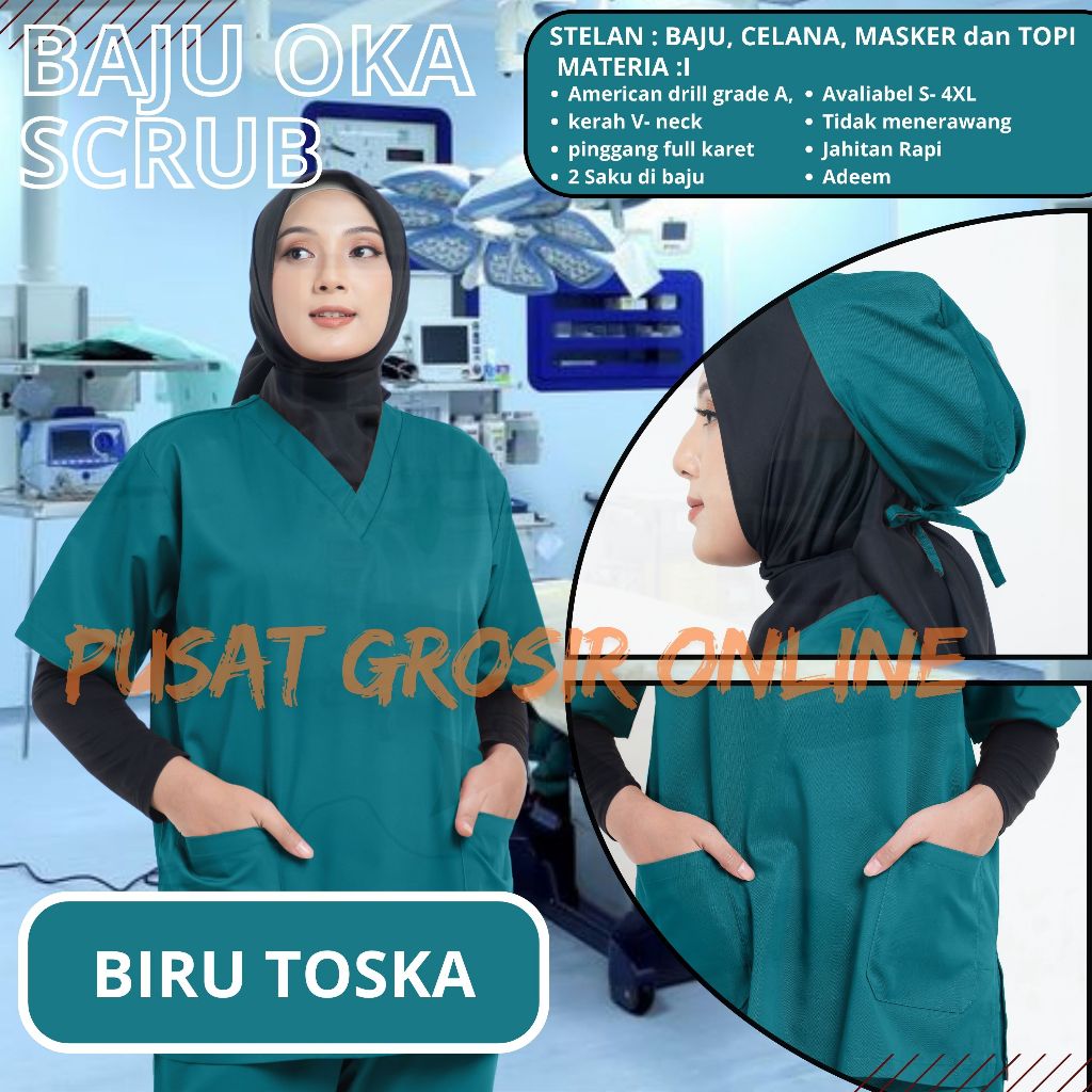 SCRUB MEDIS Baju OK LENGAN PENDEK Drill Seragam Petugas Medis Jaga OKA Perawat Dokter Biru Tosca