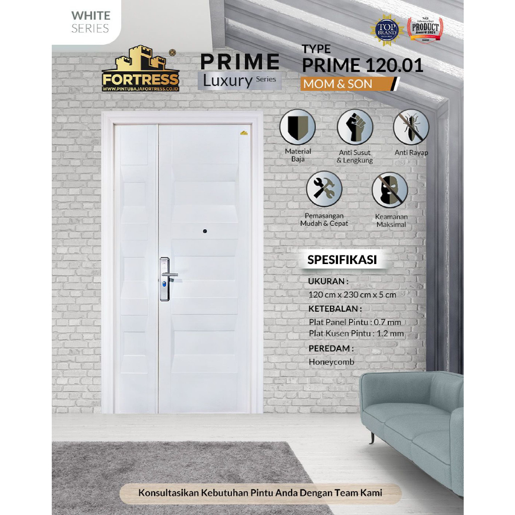 Pintu Utama Mom and Son - Pintu Baja Fortress Prime Series Warna Putih Lebar 120 CM.