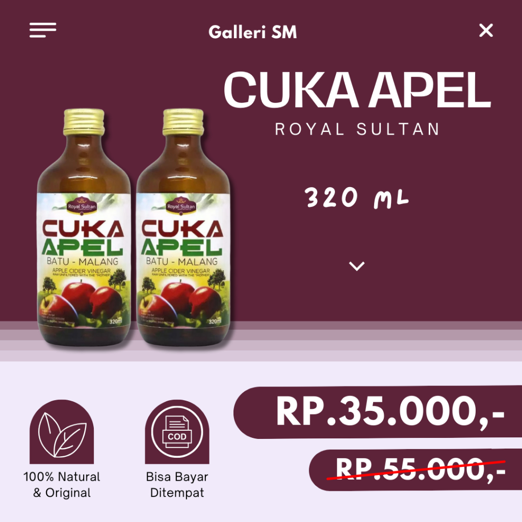 

Cuka Apel Royal Sultan Organik With Mother Asli Apple Cider Vinegar 320 ml Original ACV