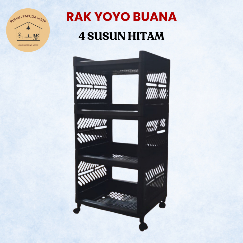 Rak  Serbaguna Full Hitam Rak 4 Susun Roda RakYoyo Buana Plastik