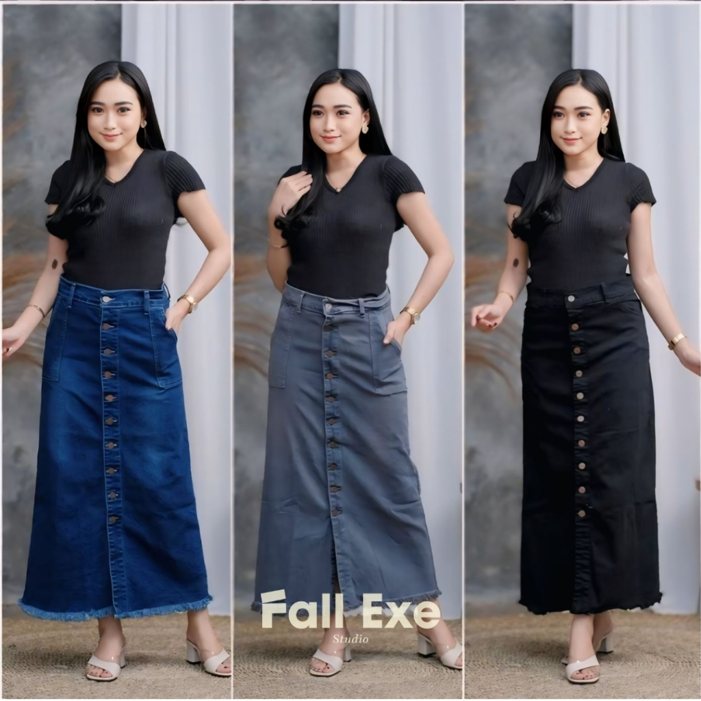 Highwaist Rok Jeans Wanita Skirt Korean Style Rok A-Line Terbaru Belah Tengah Full Kancing Aktif Pre