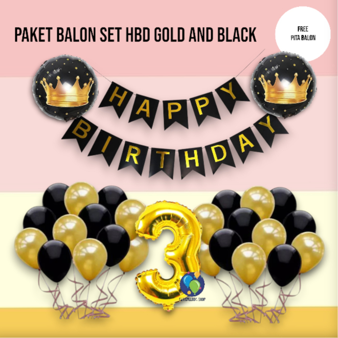 Paket Ulang Tahun Balon Black Gold A / Set Dekorasi Ulang Tahun Anak