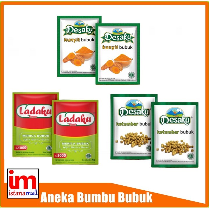 

DESAKU KUNYIT BUBUK. DESAKU KETUMBAR BUBUK. LADAKU MERICA BUBUK 1 RENCENG/ 10 Pcs