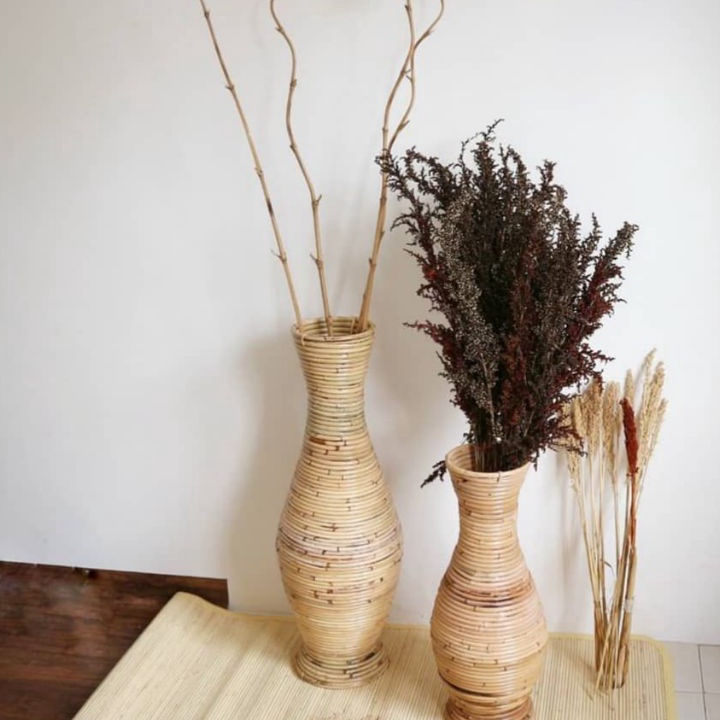 Vas Rotan Natural Fishing Melamin Mengkilap  Guci Rattan Dekorasi Studio Foto  Pot Hiasan Sudut Ruan