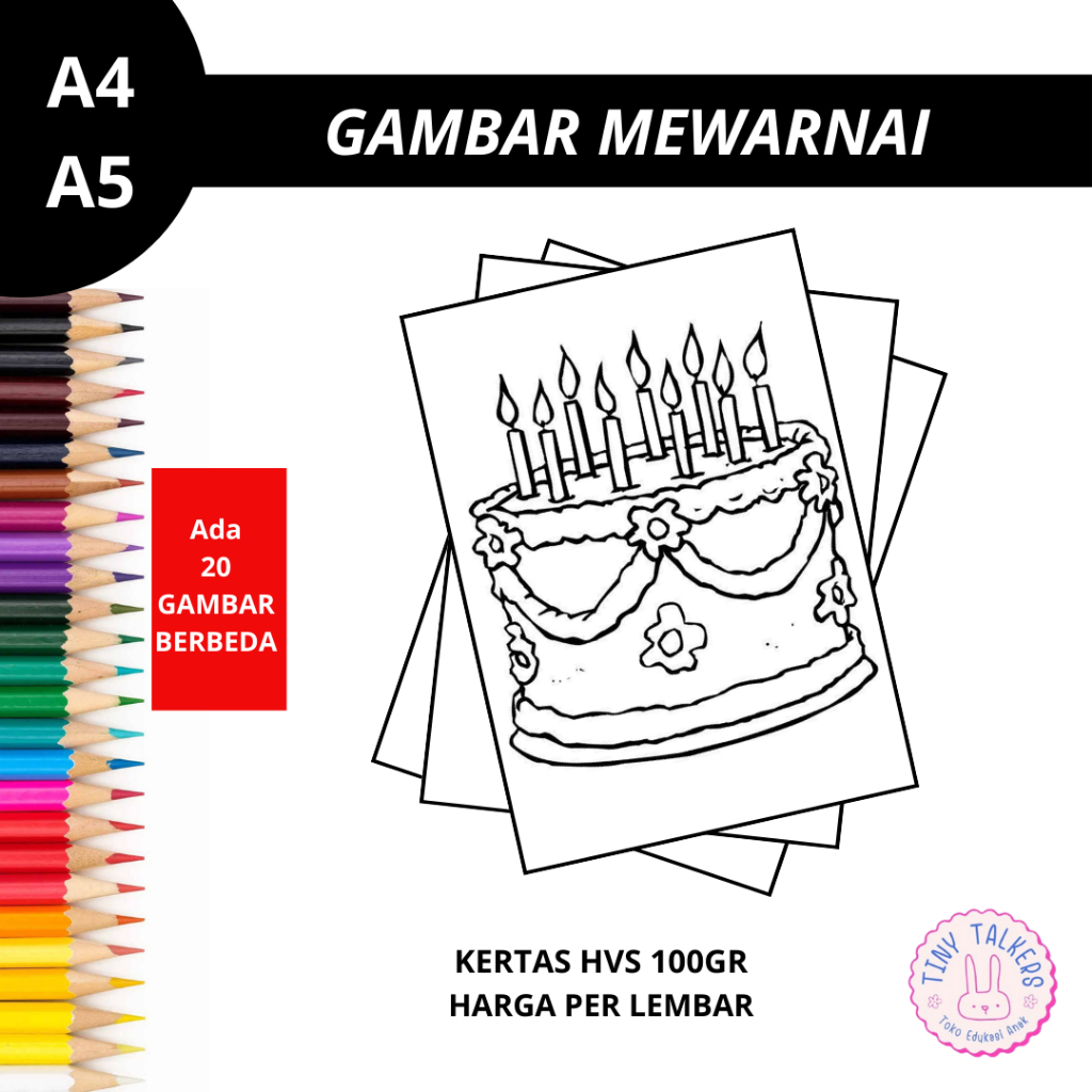 Gambar Mewarnai Anak TK SD PAUD Seri Kue Ulang Tahun Birthday Cake Kertas HVS 100gr Bukan Buku Mewar