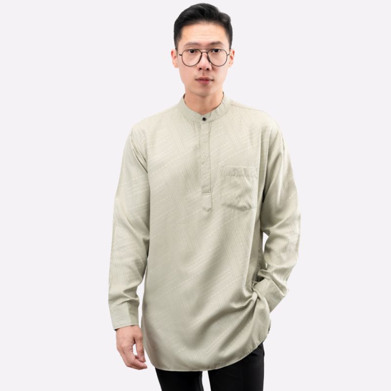 Kemeja Koko Kurta Green Sage Motif Batik | Baju Koko Kurta Pria Dewasa Lengan Panjang | Kemeja Musli