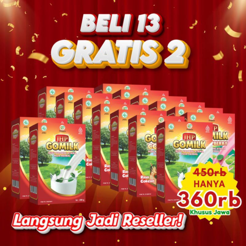 

(BELI 13 BOX FREE 2 BOX) susu kambing etawa GOMILK RASA COKELAT STRAWBERRY VANILLA 200GRAM AMAN HALAL ORIGINAL