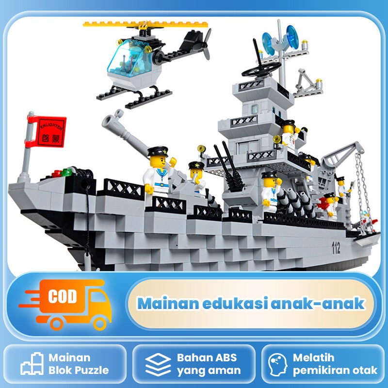 Mainan balok konstruksi model kapal perang besar berbentuk kapal induk, mainan penuh dengan manfaat 