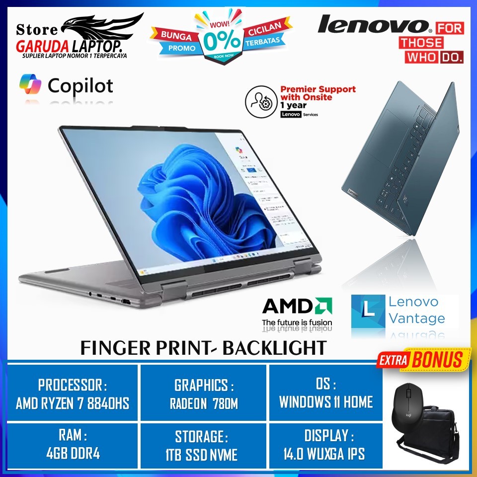 LaptopLenovo Yoga 7 14 Amd Ryzen 7 8840HS RAM 16GB 1TB SSD RADEON 780M 14.0 WUXGA Original
