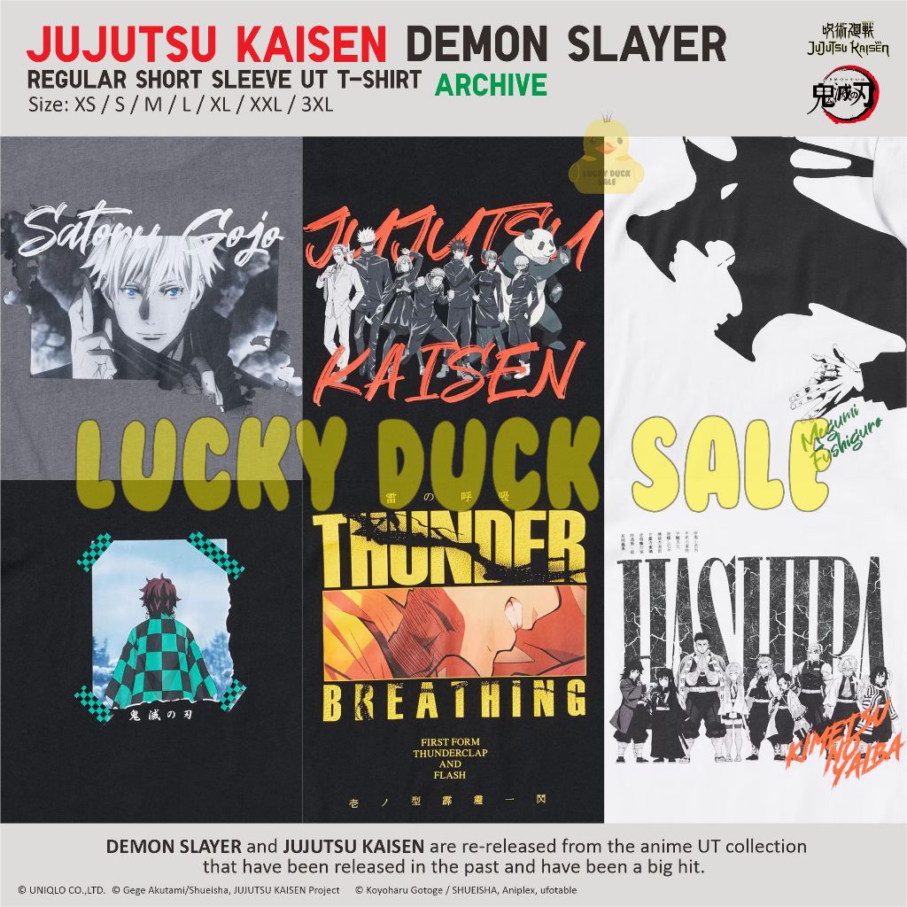 Jujutsu Kaisen UT Shirt Regular Kaos UNIQLO Demon Slayer Unisex Gojo Geto Megumi Tanjiro Hashira