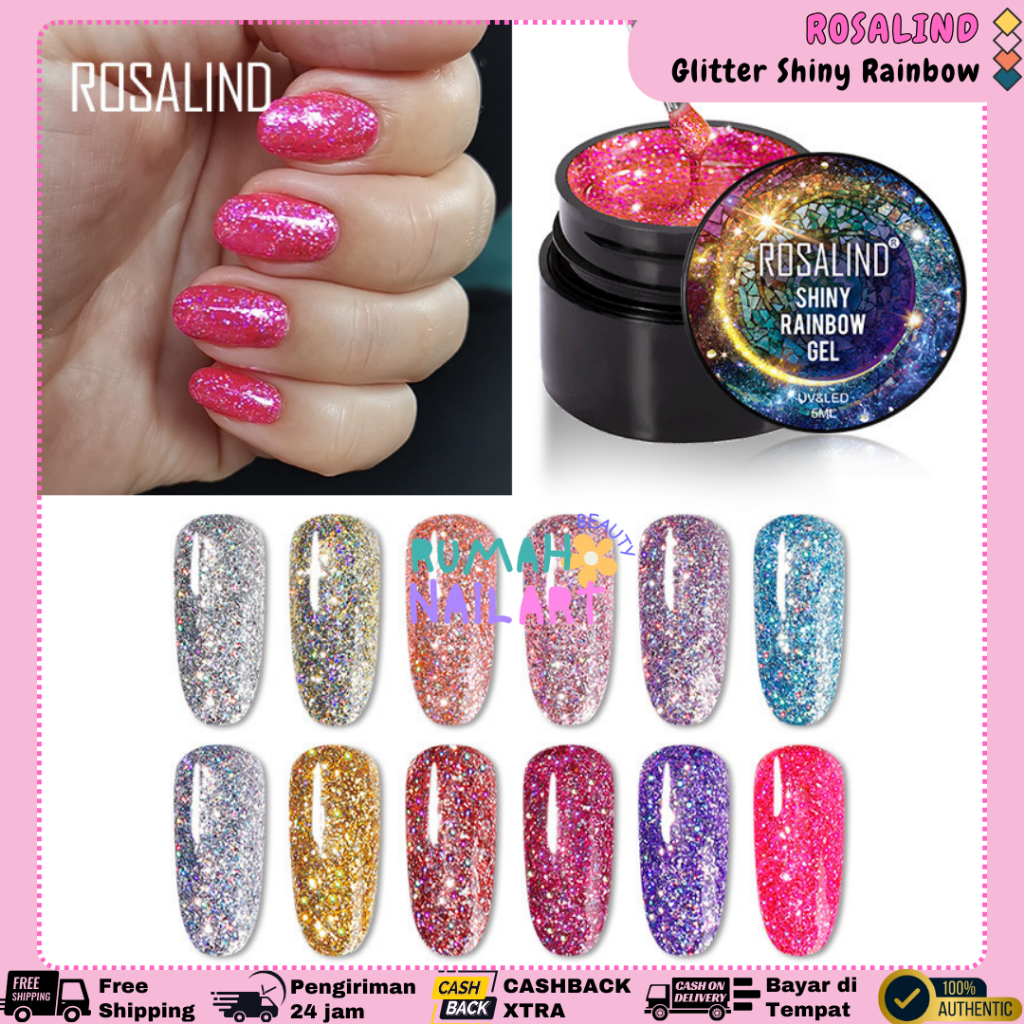 KIP ROSALIND SHINY RAINBOW GLITTER Nail Gel Polish UV LED Bubuk Glitter Shiny Bersinar Halal