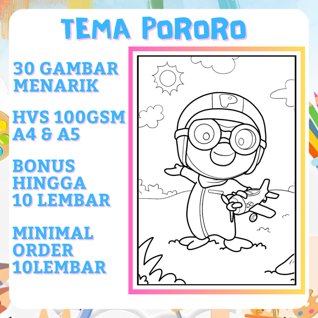 

Kertas mewarnai coloring sketsa A5 & A4 Hvs 100gsm Tema Pororo