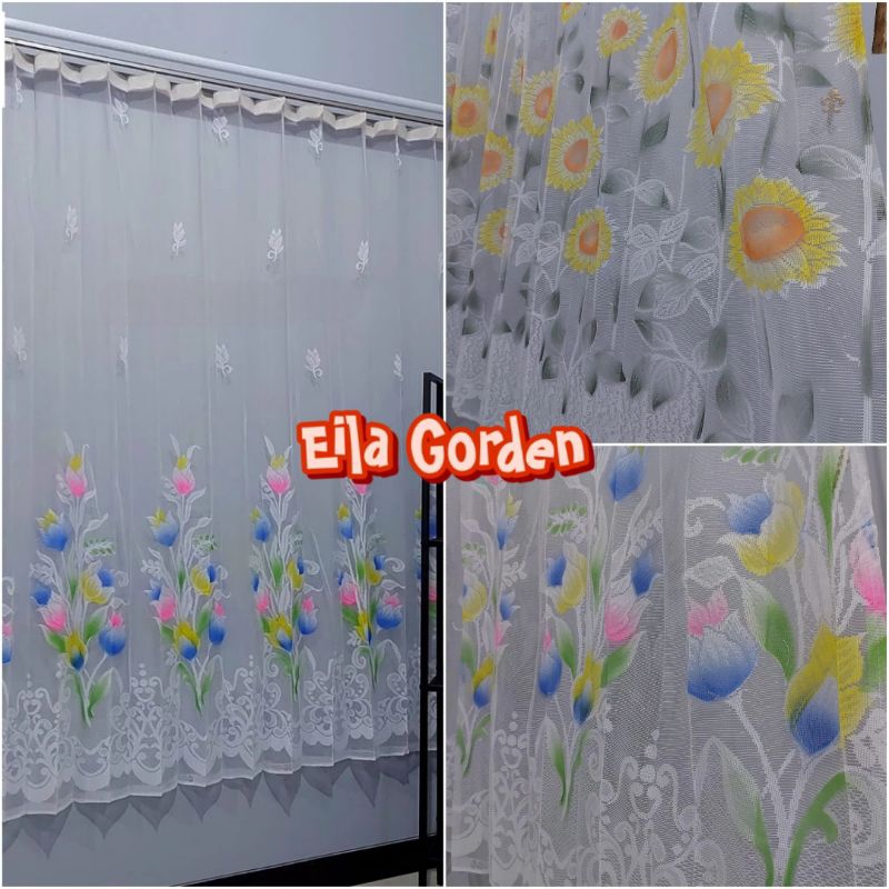 Vitrase goden Daleman gorden putih motif bunga matahari