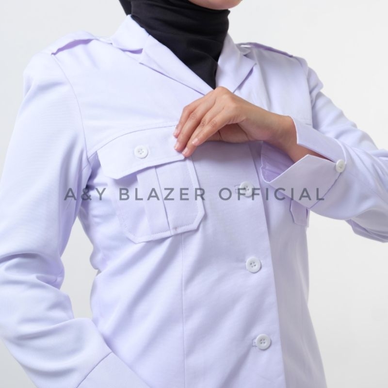[09] A&Y Blazer Baju Seragam SAKU DADA PDH Guru / PNS Wanita Warna Khaki Tua & Putih Seragam Kerja