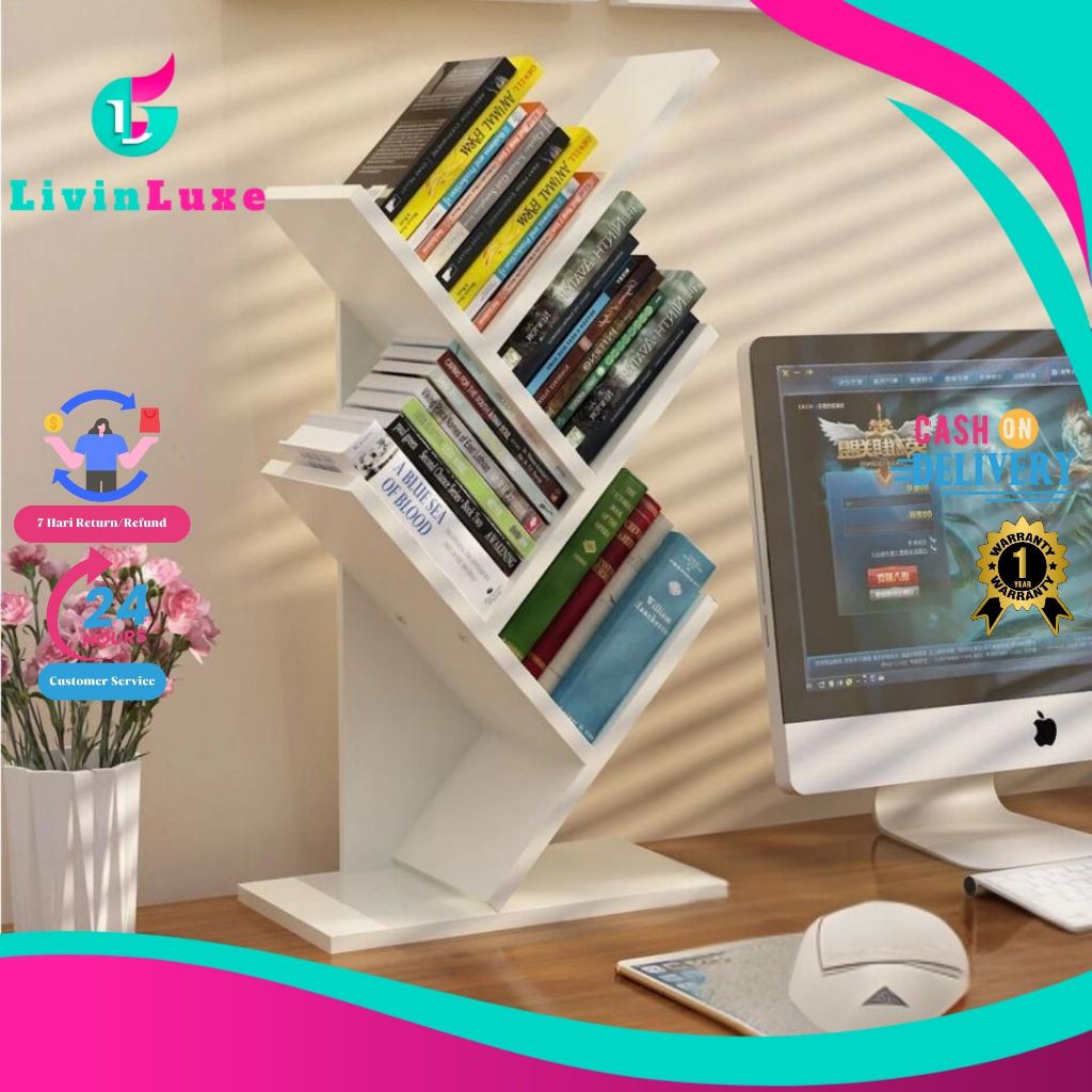 LivinLuxe - Rak Bentuk Tangkai Pohon Organizer Buku Multi-Sekat Desain Modern Berbentuk Zigzag Tempa