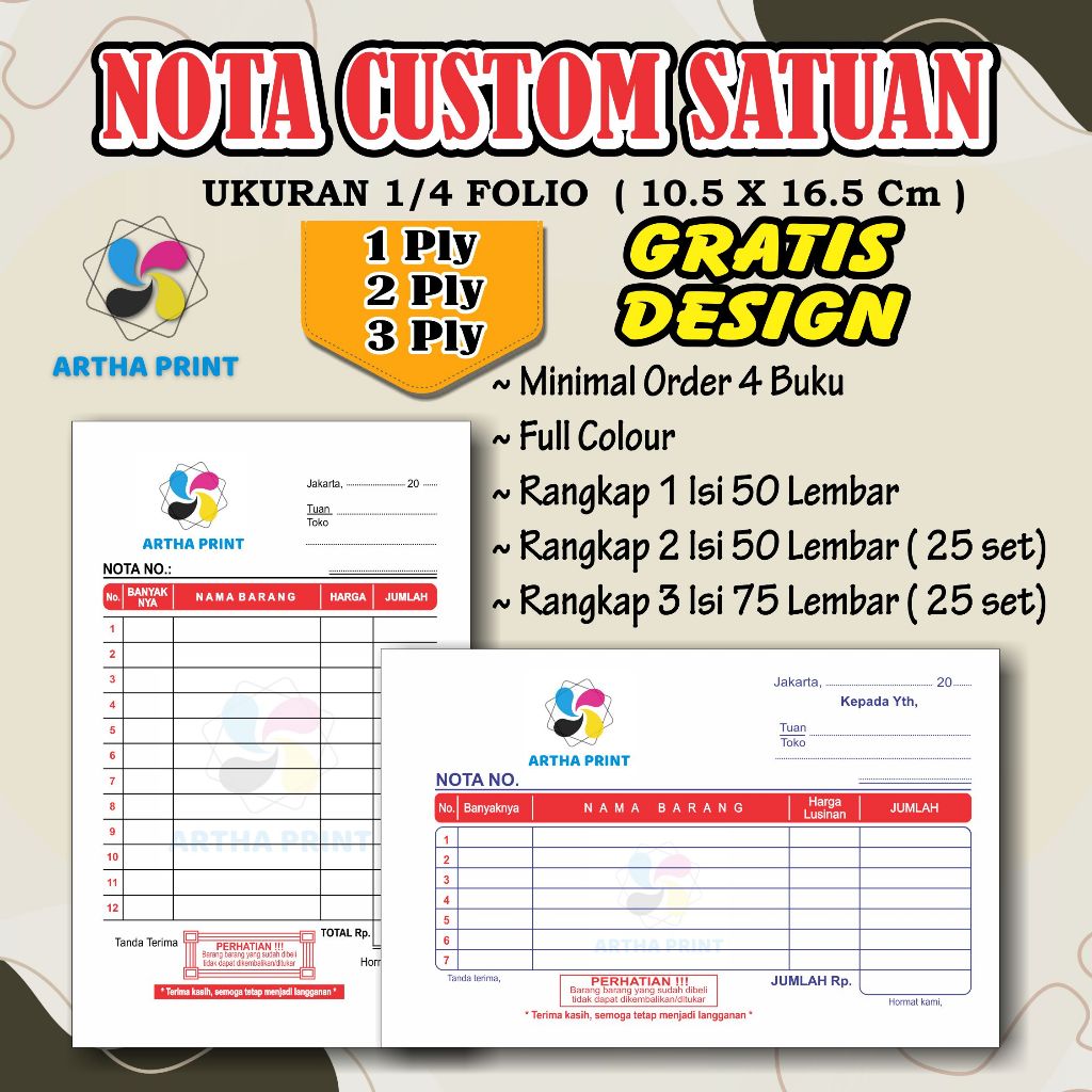 

Nota 1/4 Folio 1ply 2 ply 3 ply nota custom request nama toko olshop sendiri free desain