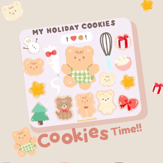 

STICKER SHEET DEKO JURNAL | KISS CUT WATERPROOF | EDISI MY HOLIDAY COOKIES | BEARYBOOTH