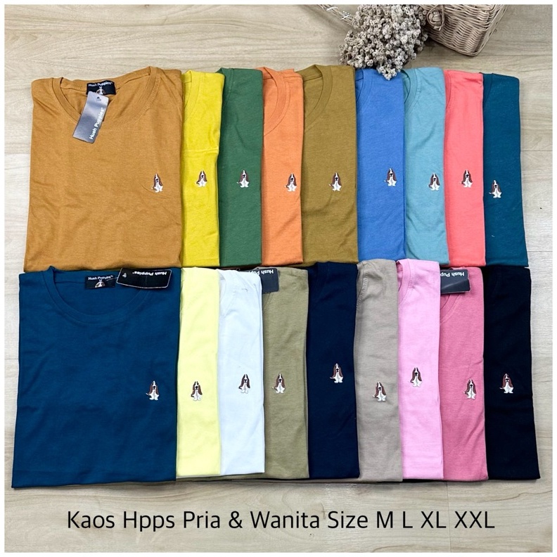 Kaos ps Unisex Pria dan Wanita Hush Puppies Bordir dan Embos Ukuran Standart M L XL XXL Untuk Couple