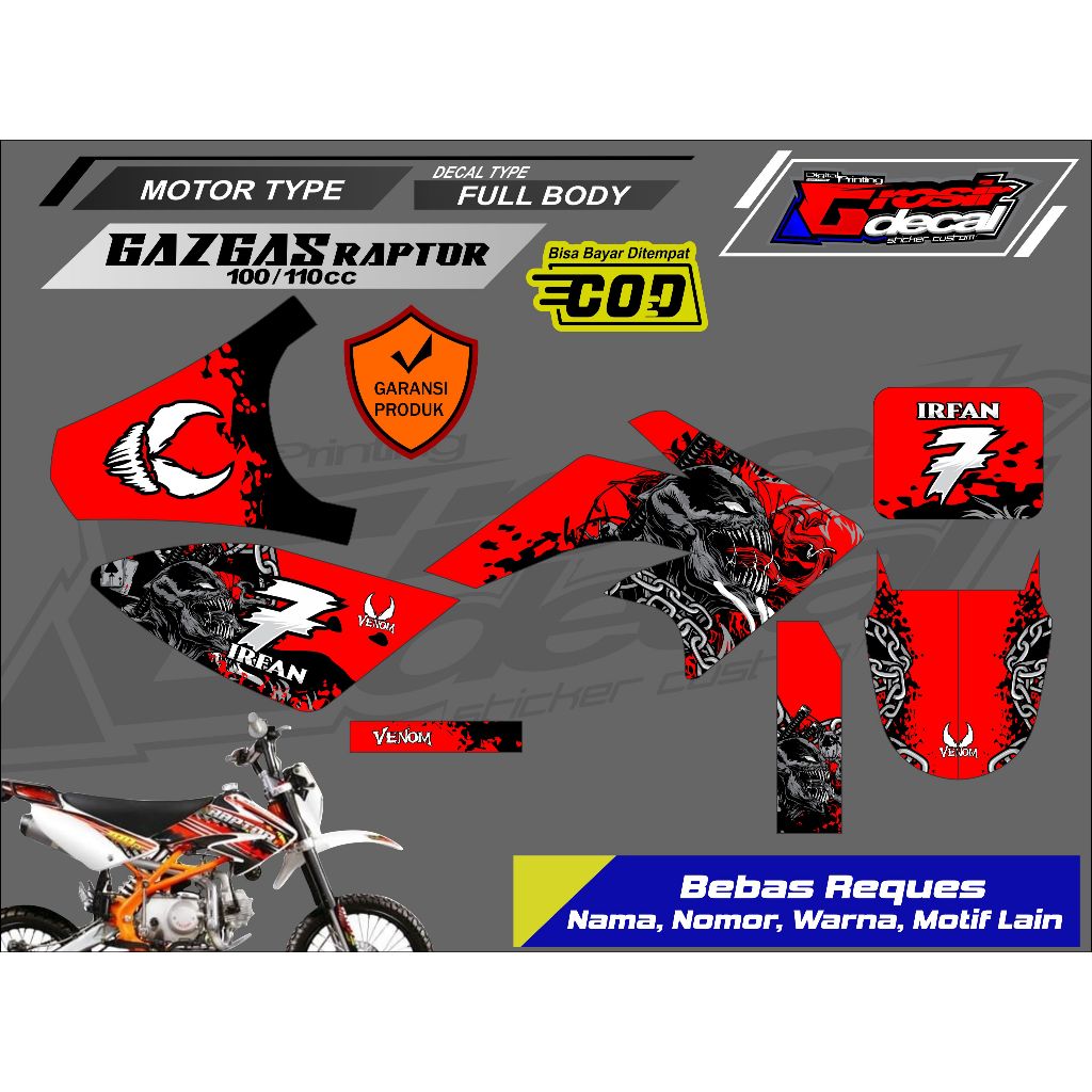 Sticker Decal Stiker Gazgas Raptor 100cc / 110cc / 125cc Full Body Free Custom
