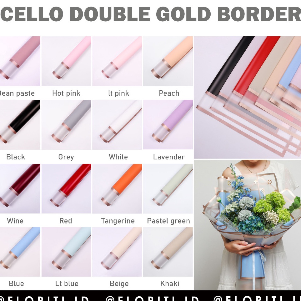 

Stock Pilihan 2 Lembar Kertas Buket Cellophane Double Gold Border Flower Wrapping