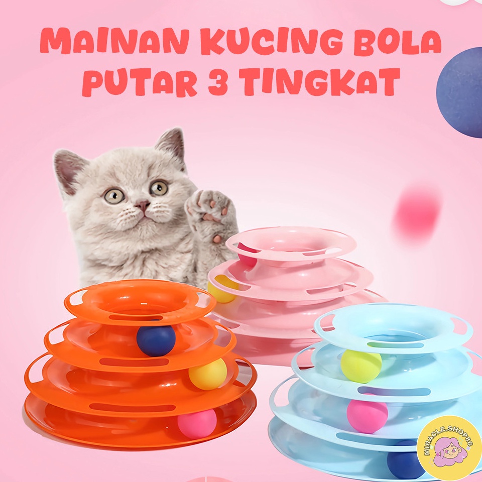 Hadir Terkini MS Mainan kucing bola putar 3 tingkat tower polos interaktif 588