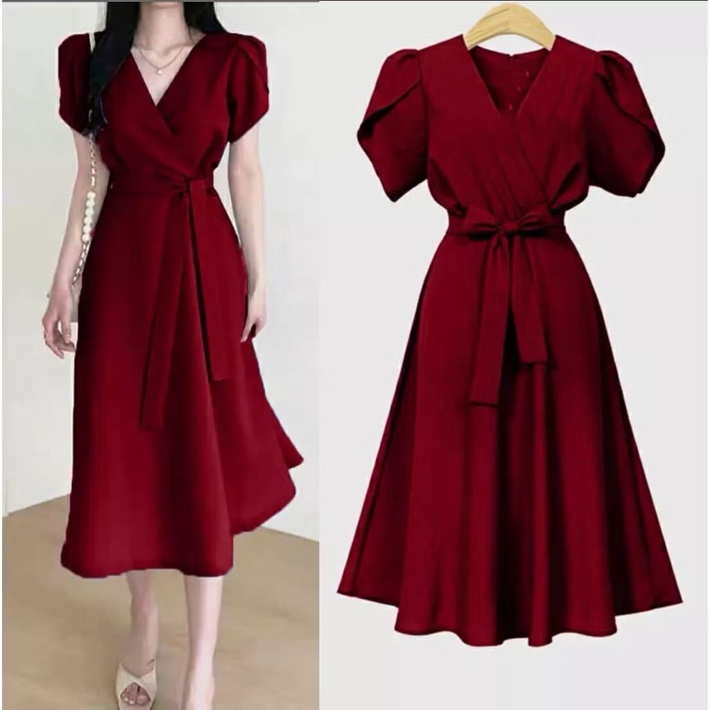 Dress Midi VNeck Lengan Pendek A Line Bumil Friendly Dres Terusan Gaun Pesta Wanita Dress Imlek CNY 