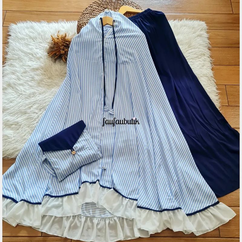 Mukena Rayon Faufauhijab Rimpel Strip Biru Rok Navy