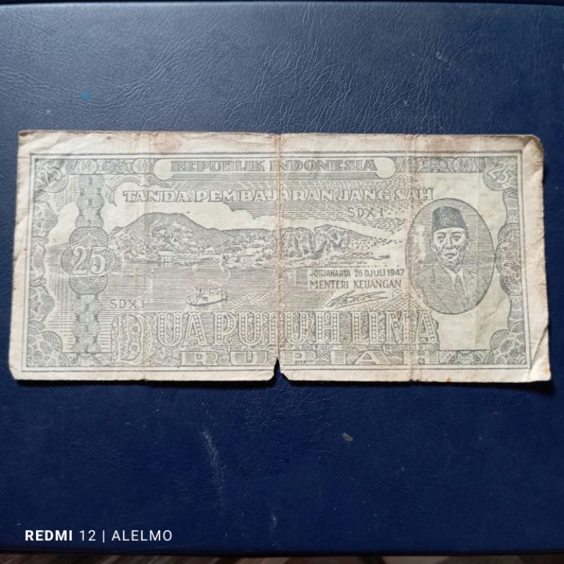 uang kertas lama 25 rupiah ori jogjakarta tahun 1947 bekas jelek sdx1