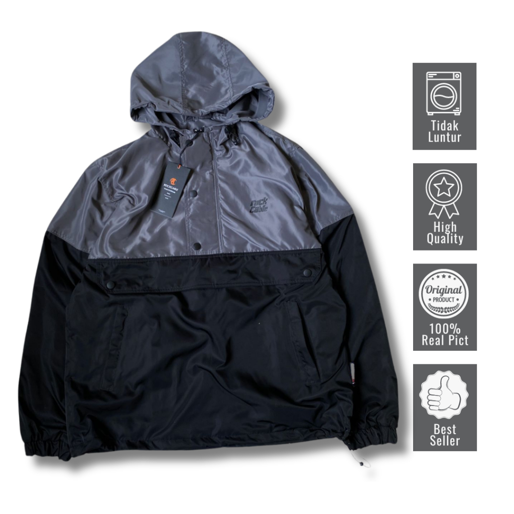 Jaket Cagoule Pria Kantong Doraemon Kombinasi Bahan Taslan Waterproof Anti Air Original Rockcable