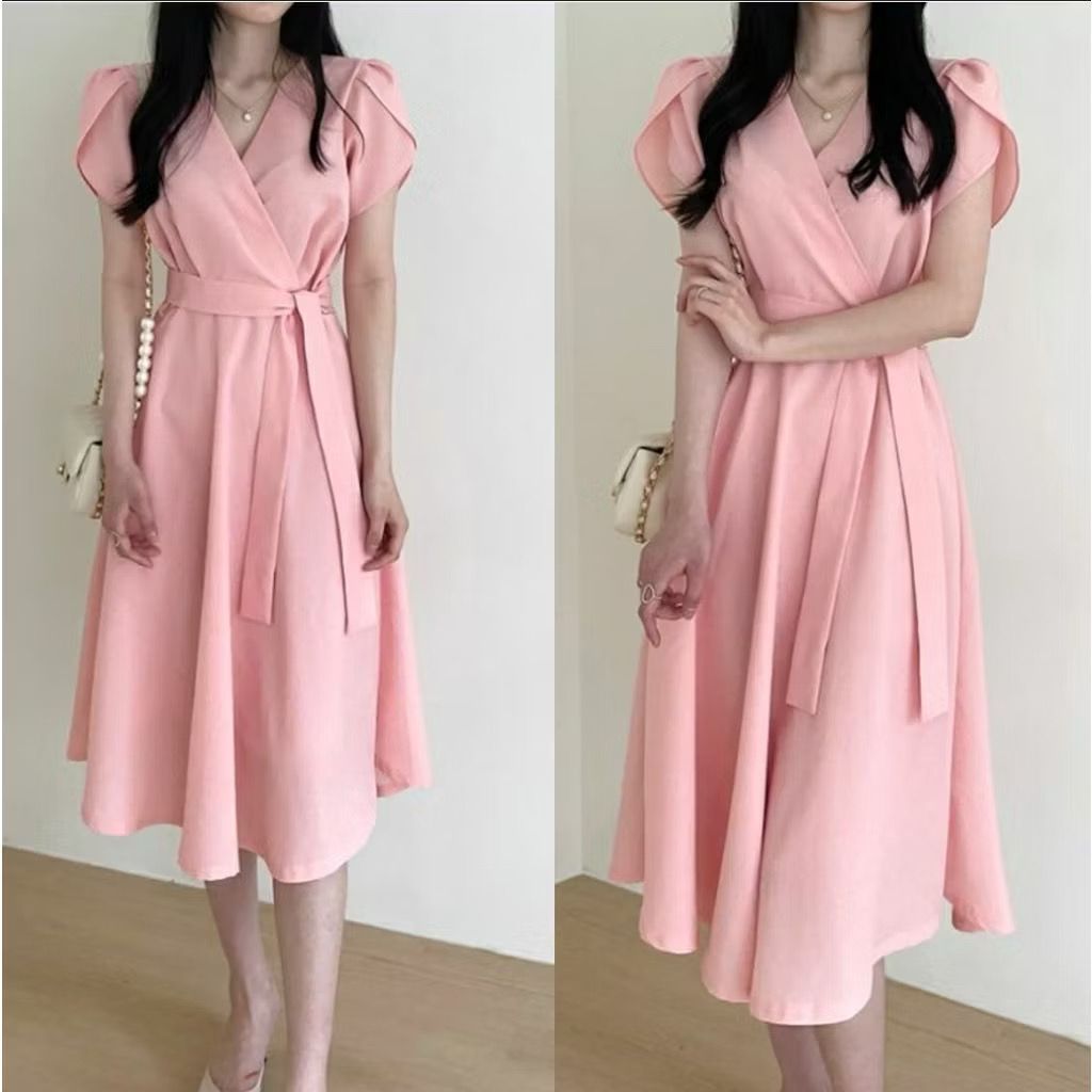 Baju Dress Wanita Polos Simple Elegant Kondangan Kekinian Hitam Putih Black White Pink Biru Muda Tua