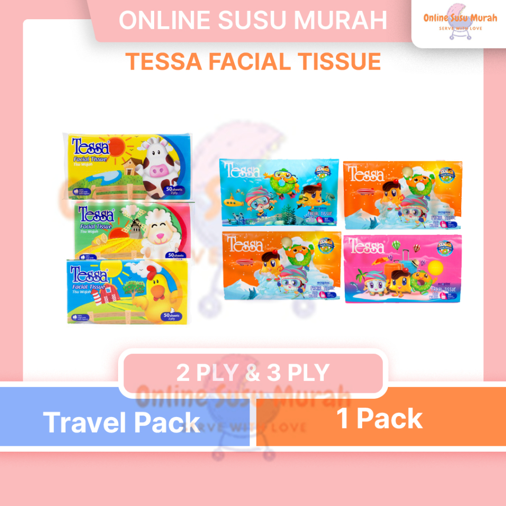 TESSA FACIAL TISSUE TRAVEL PACK 50 SHEETS 2 PLY & 3 PLY 50S PLTS
