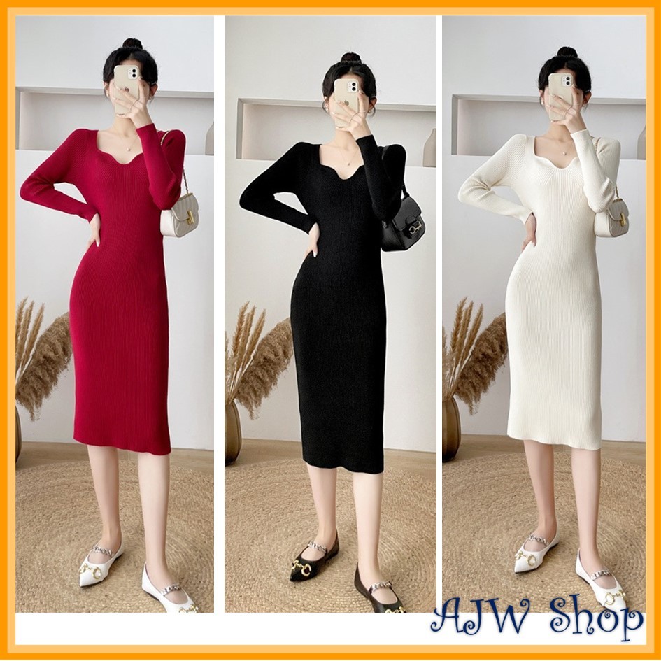AJW Maxi Dress Square V Neck Lengan Panjang Knit Premium SBY | Dress Press Body Square V Neck Korean