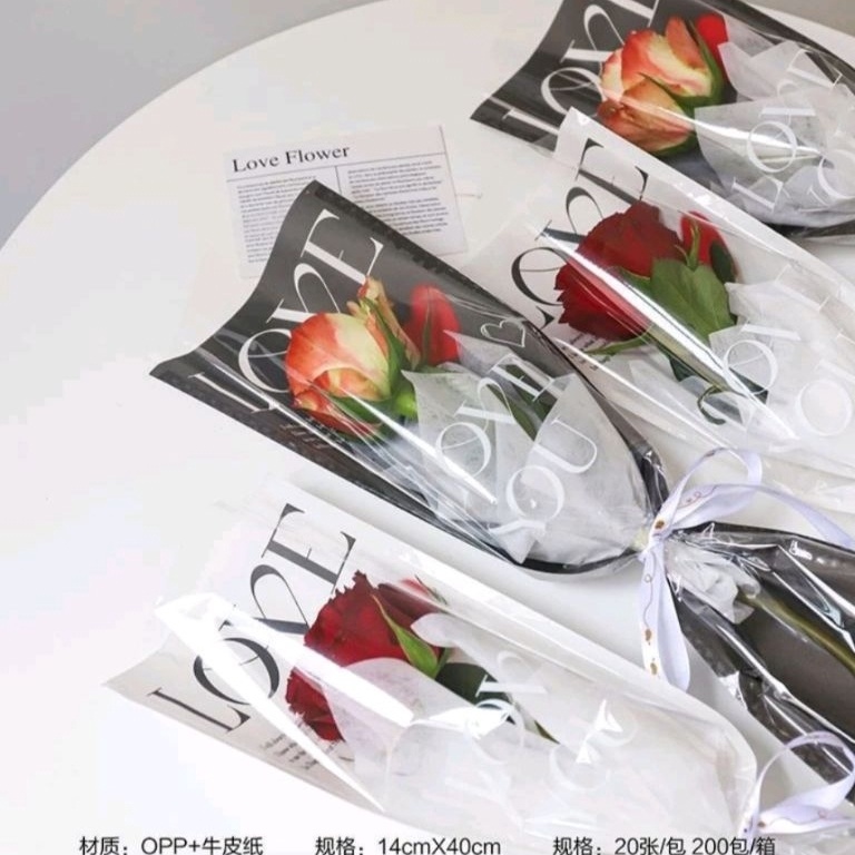 

Super Kejutan READY Plastik Bunga LOVE 1 tangkai ecer per lembar Wrapping Plastik untuk Mini Buket Rose 1 pak 2lembar
