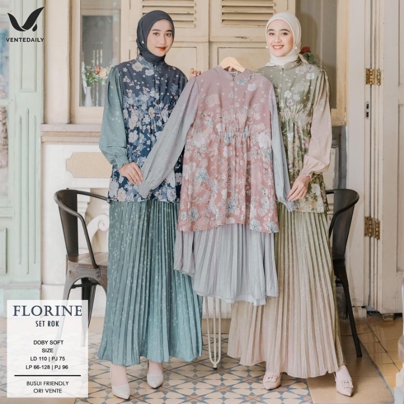 FLORINE ONE SET ROK by Vente - Baju Setelan Atasan Tunik BLd 110 Cm, Pj 75 Cm Busui Resleting + Rok 