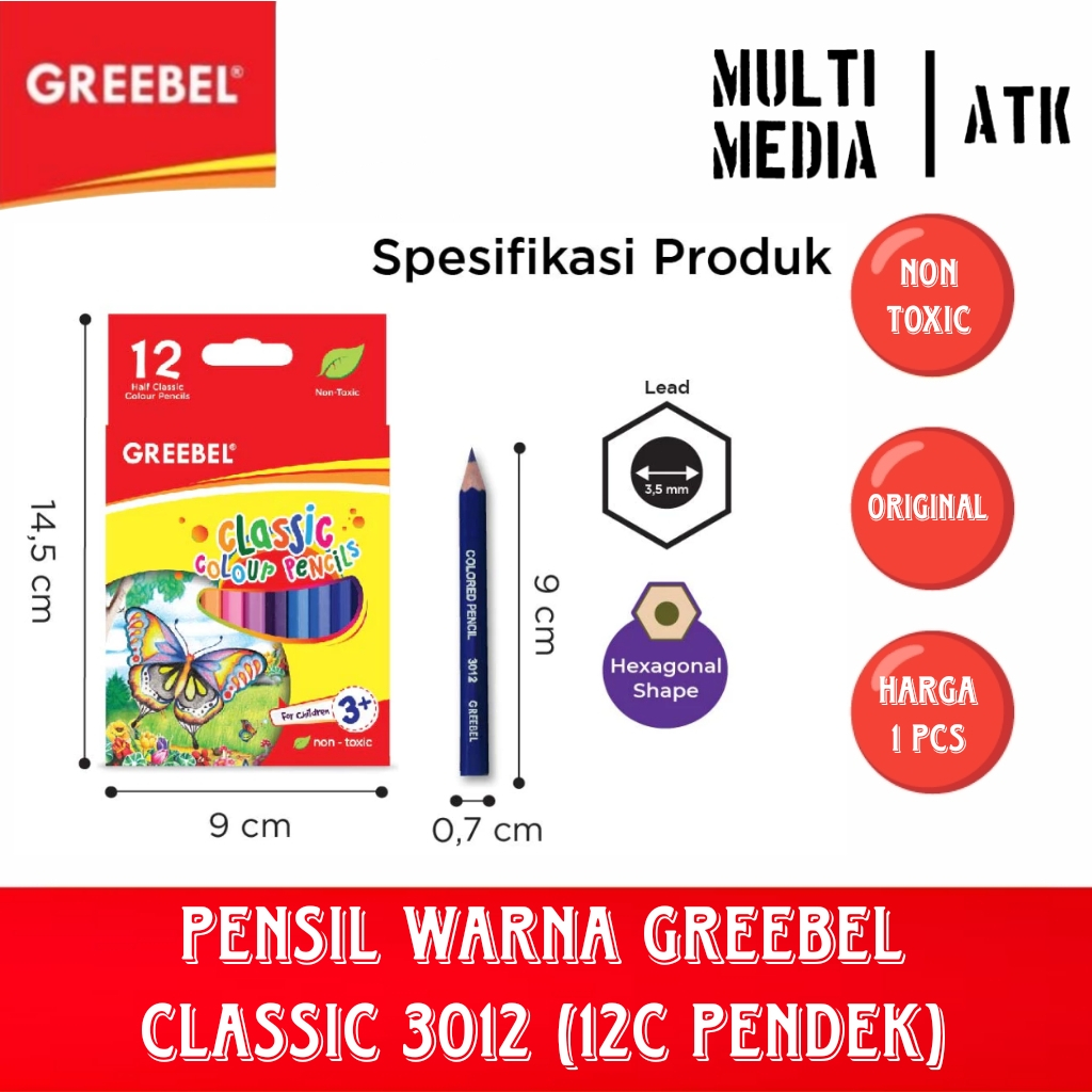 

PENSIL WARNA GREEBEL 3012 PENDEK / 12 COLOUR PENCILS HALF CLASSIC GREEBEL