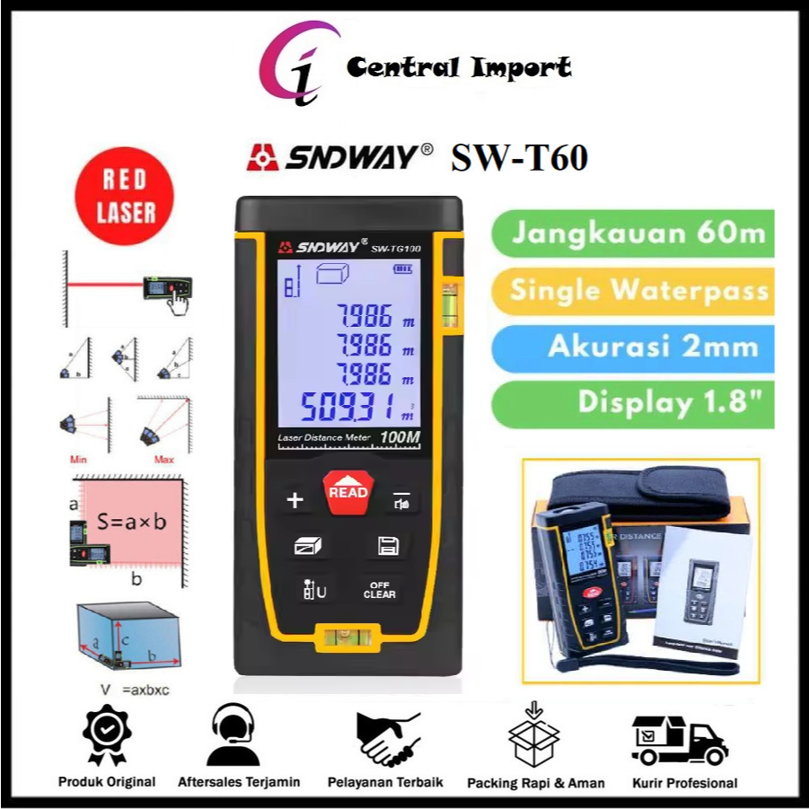 SNDWAY Meteran Laser Digital Distance 60 Meter - SNDWAY Alat Pengukur SW-T60