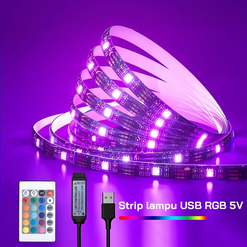 Lampu Strip LED RGB USB CCTV 5050 Putih Hangat IP44 1-5M 5V + Remote Control 5050