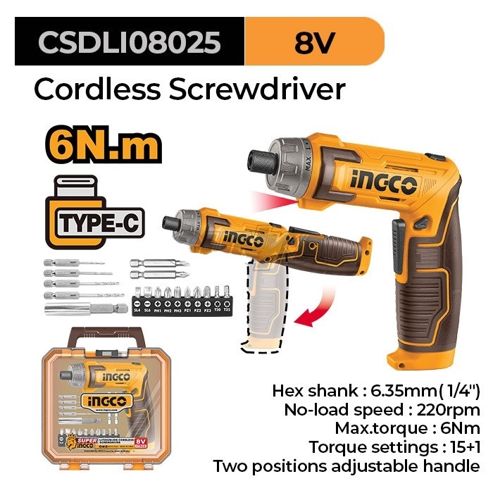 Cordless Screwdriver 8V 6Nm INGCO CSDLI08025 Obeng Listrik