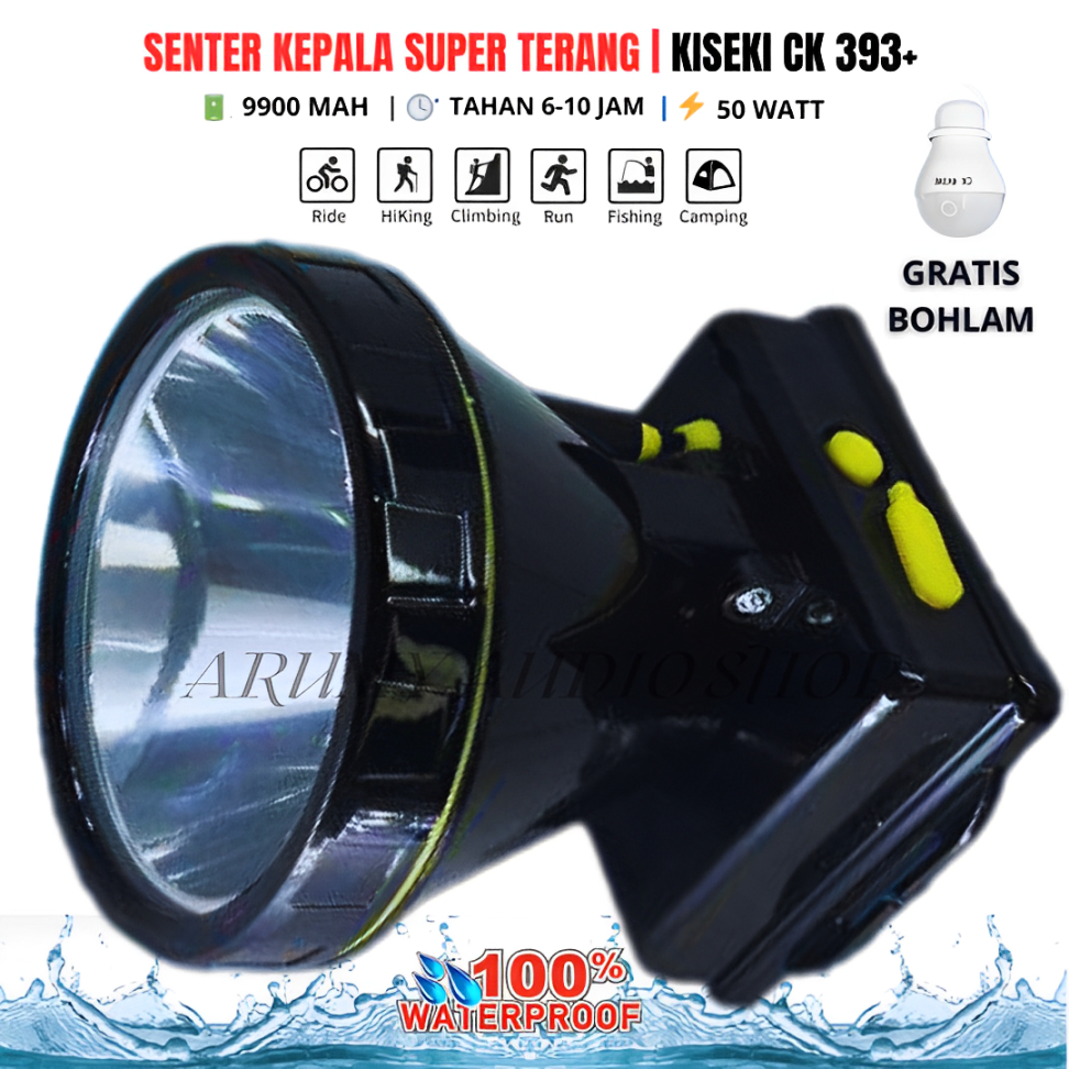 Senter Terang Murah Berkualitas Senter Kepala Kiseki Ck-393+ / Ck-N393S 50 Watt Putih Headlamp Bonus