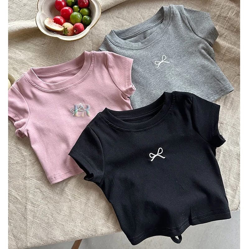 Kaos Anak Perempuan Crop Top Bordir Pita Kecil/ Top small Ribbon