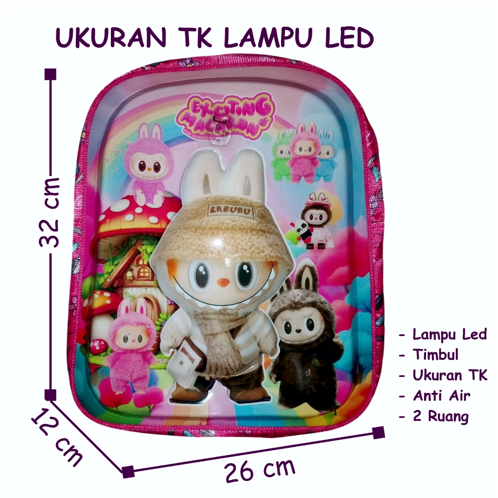 Tas Ransel Anak Perempuan TK  3D Timbul Lampu LED Frozen Bt21 Labubu Unicorn Kuda Pony Hello Kitty